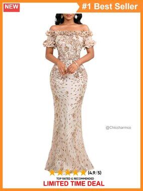 Sexy Sequin Off Shoulder Ruffle Sleeve Bodycon Mermaid Formal Maxi Dress